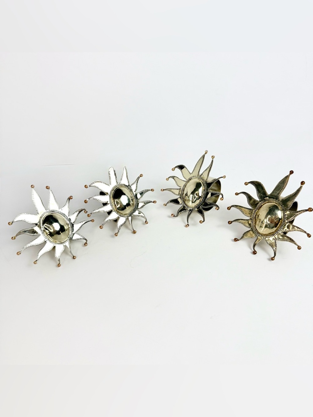 Vintage Handcrafted Silver Toned Brass/copper Sun Napkin Rings Set 4 Celestial
